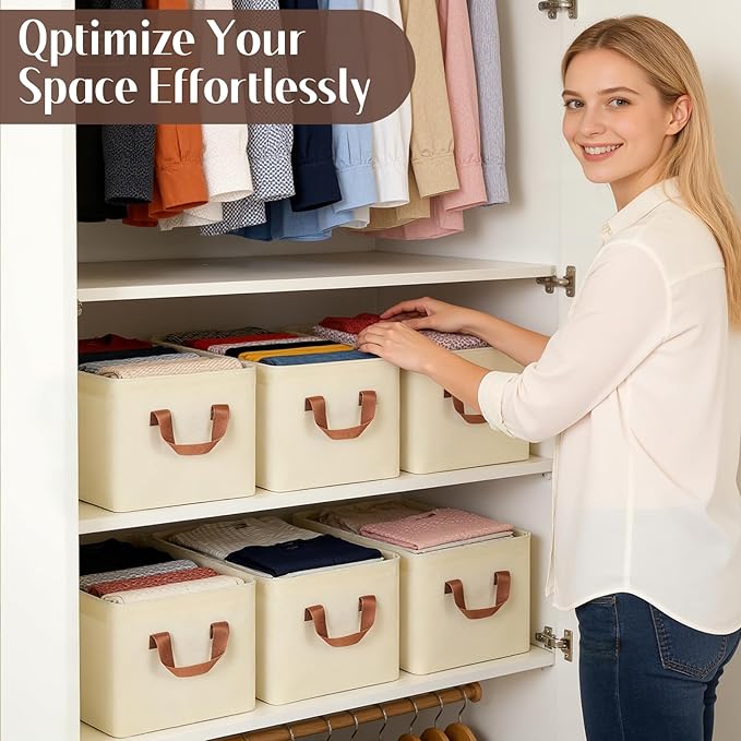 VZZNN 10 Pack Fabric Storage Bins for Shelves, Medium Closet Organizer Baskets with Sturdy Handles, Collapsible Clothes Bins for Closet Organization, Beige 15"x10"x8"