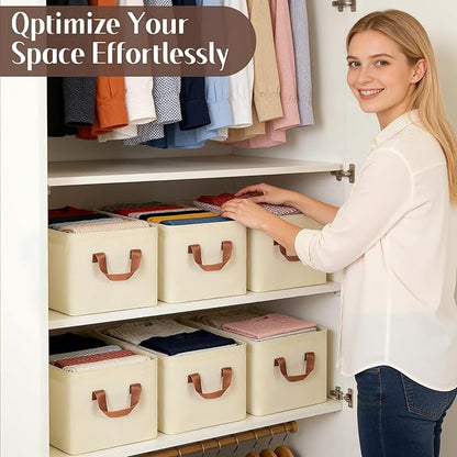 VZZNN 10 Pack Fabric Storage Bins for Shelves, Medium Closet Organizer Baskets with Sturdy Handles, Collapsible Clothes Bins for Closet Organization, Beige 15"x10"x8"
