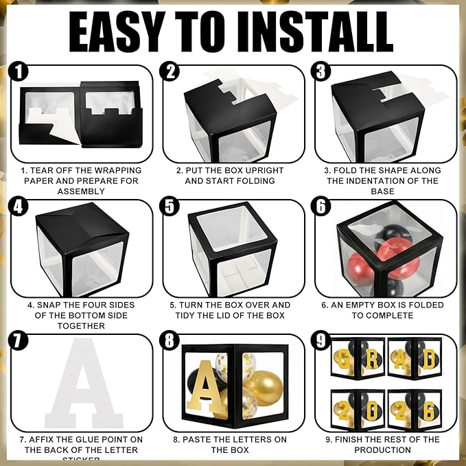 Seenelling Yellow Black 133 Pcs Graduation Decorations 2026 Set Black Gold Balloons Boxes with Letters 2026 Grad Square Foil Balloons Complete Party Supplies for High School College Celebrations