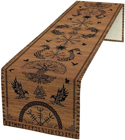 Viking Table Runners, Viking Tree of Life Raven Helmet of Awe Wood Print Table Runner for Home Kitchen Coffee Dining Room Bedroom Party 13x90in