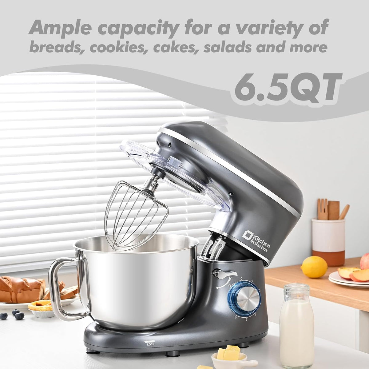 Kitchen in the box Stand Mixer, 6.5QT 660W Kitchen Electric Mixer, 6-Speed Tilt-Head Food Mixer with Dough Hook, Wire Whip, Beater, Dishwasher Safe (Grey)