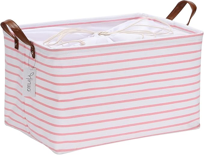 Hinwo 31L Large Storage Bins, Closet Organizers and Storage, Shelf Baskets, Foldable Clothes Storage Baskets with Handles, Containers for Clothing, Blanket, Towels, Toys, Bedding (Pink Stripe)