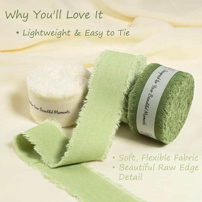 Green Cotton Ribbon 1 Inch Sage, Moss & Ivory 3 Rolls 21 Yards Frayed Edge Fabric Set for Boho Rustic Wedding Invitations, Bridal Bouquets, Gift Wrapping, DIY Crafts, Spring Home Decor