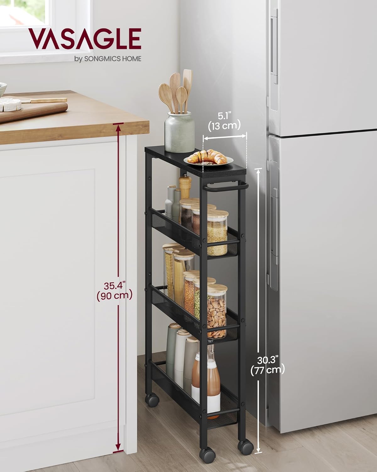 VASAGLE Slim Rolling Cart, 4-Tier Storage Cart, Narrow Cart with Handle, 5.1 Inches Deep, Metal Frame, for Kitchen, Dining Room, Living Room, Home Office, Ebony Black and Classic Black ULRC032B04