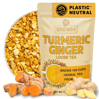 Brewix, Turmeric Ginger Loose Herbal Tea (100+ Cups, 7.05oz/200g) Caffeine & Gluten Free, Ginger Root Tea, Savory & Spicy