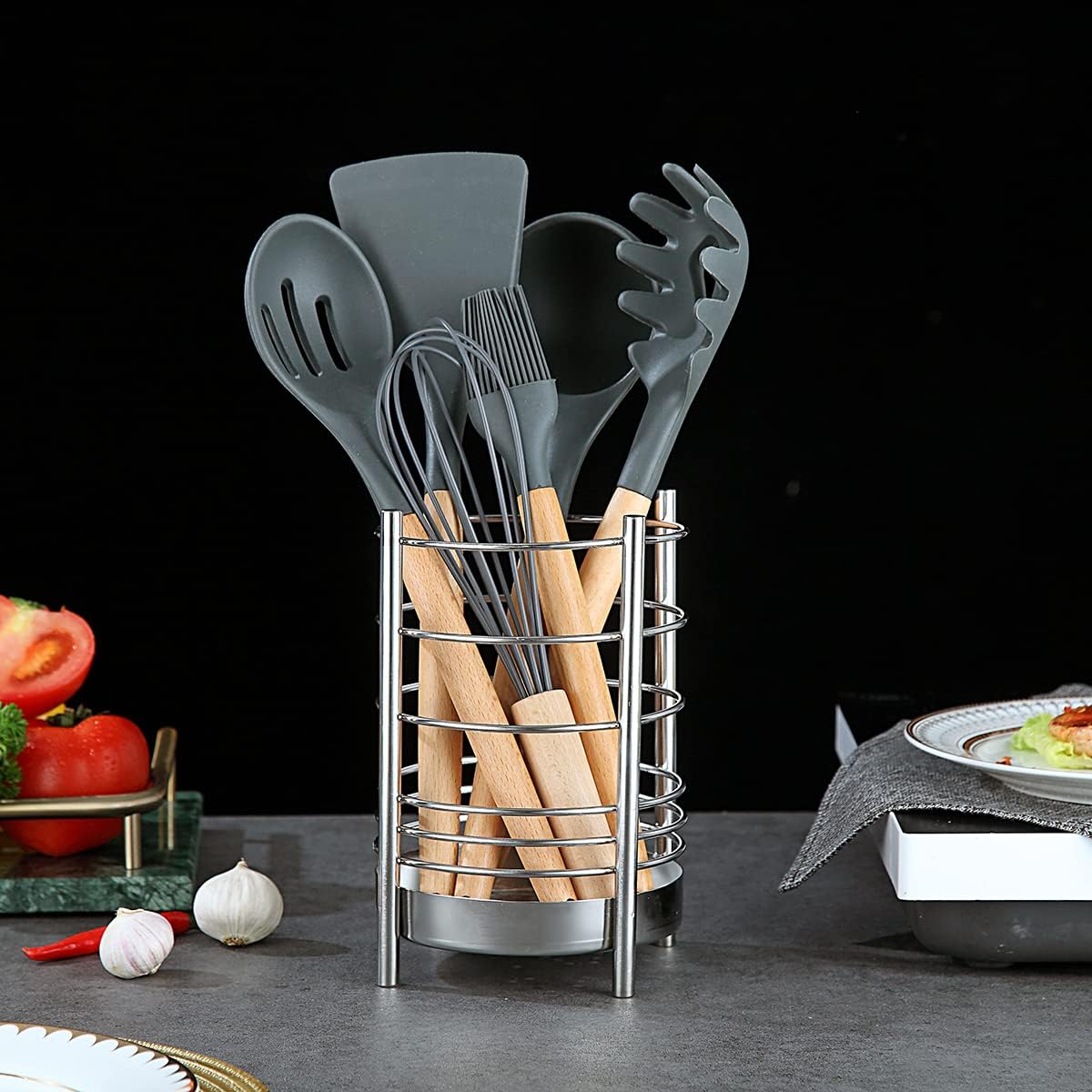 Kitchen Utensil Holder for Kitchen Counter, Stainless Steel Utensil Crocks, Utensil Storage Caddy Organizer, Cooking Utensil Holder, kitchen tools, Easy Cleaning (Silver/7.4''x5.2'')
