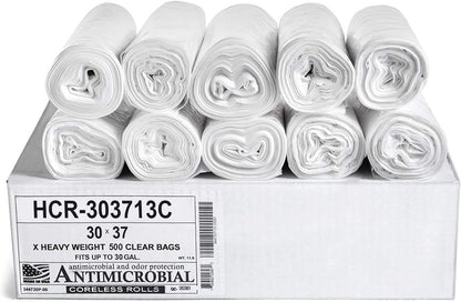 Aluf Plastics HCR-303713C High Density Star Sealed Coreless Roll Bags, 30 gal, Polyethylene, 30" x 37", Clear (Pack of 500)