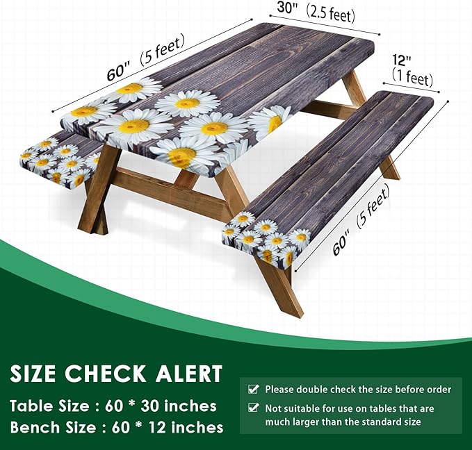 Picnic Table Cover with Bench Covers Elastic Edges, Chamomile Flower Fitted Table Cover, Outdoor Patio Camping Essentials 60 Inch 3PCS, Waterproof Camping Fitted Tablecloth with Drawstring Bag