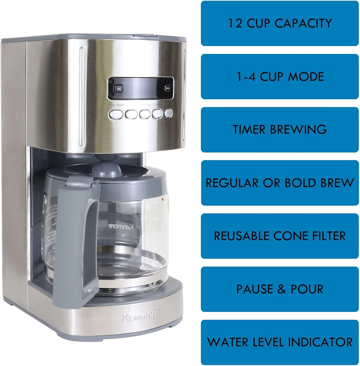 Kenmore Drip Coffee Maker - 12 Cup Programmable Cafe Machine With Glass Pot, Regular & Bold Brew, Auto Shut Off Large Water Reservoir