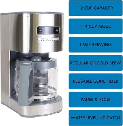 Kenmore Drip Coffee Maker - 12 Cup Programmable Cafe Machine With Glass Pot, Regular & Bold Brew, Auto Shut Off Large Water Reservoir
