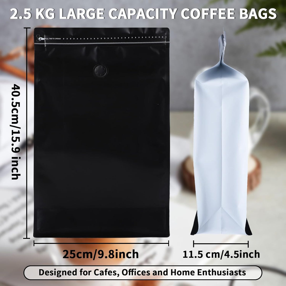 New 2.5 KG Large Capacity Coffee Bags with Valve (50 PCS) Black Sides White High Barrier Aluminum Foil Flat Bottom Standing Coffee Beans Storage