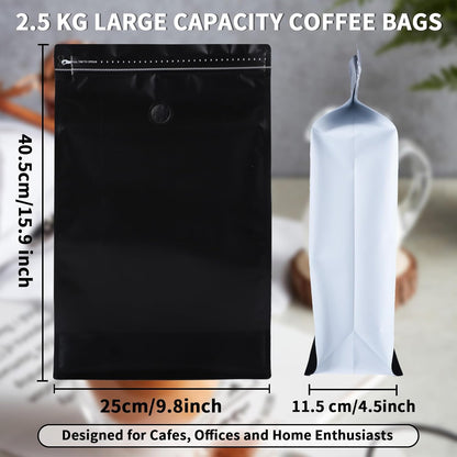New 2.5 KG Large Capacity Coffee Bags with Valve (50 PCS) Black Sides White High Barrier Aluminum Foil Flat Bottom Standing Coffee Beans Storage