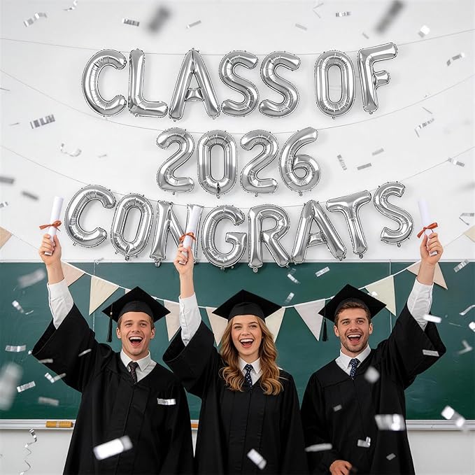Silver Class of 2026 Congrats Balloons, 2026 Graduation Decorations 16inch Congrats Grad Foil Balloons Banner Sign for Class of 2026 College High School Graduation Prom Party Backdrop Supplies