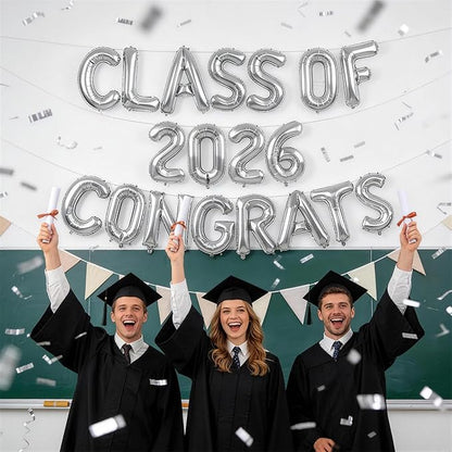 Silver Class of 2026 Congrats Balloons, 2026 Graduation Decorations 16inch Congrats Grad Foil Balloons Banner Sign for Class of 2026 College High School Graduation Prom Party Backdrop Supplies