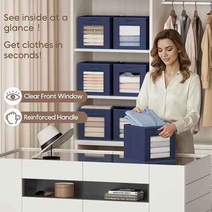 Homsorout Storage Cube 11 Inch - Cube Storage Bins with Window, Closet Storage Baskets with Handle, Fabric Bins for Closet, Shelves, Toys, Clothes, Set of 10, Navy Blue