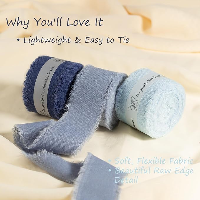 Dark Blue Cotton Ribbon 1-1/2 Inch Navy Blue, Dusty Blue & Baby Blue 3 Rolls 21 Yards Frayed Edge Fabric Set for Formal Wedding Decor, Graduation Party, Father's Day, Gift Wrapping & DIY Crafts