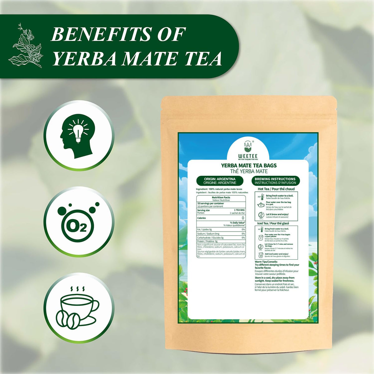 WT WEETEE Yerba Mate Tea Bags 50 Count, Unsmoked, Corn Fiber Pyramid Bags | 100% Natural Yerba Mate from Argentina | Smooth, Robust &amp; Balanced Flavor Perfect Coffee Replacement, Hot or Iced