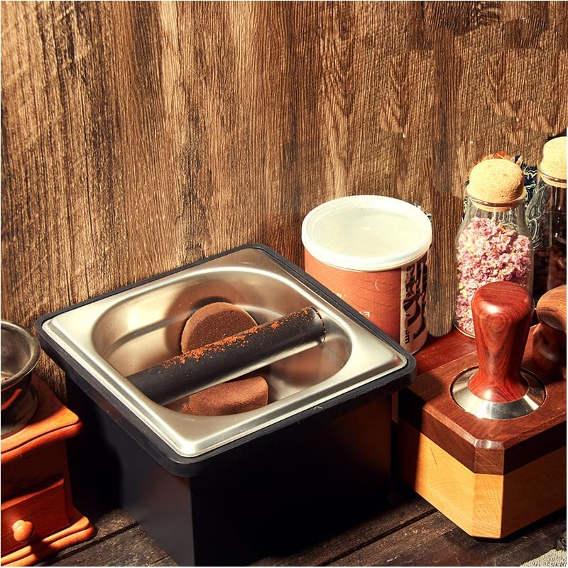 Coffee Knock Box, Stainless Steel Coffee Espresso Knock Box Coffee Grounds Bin with Noise Reduction Rubber Ring, Barista Espresso Machine Accessories