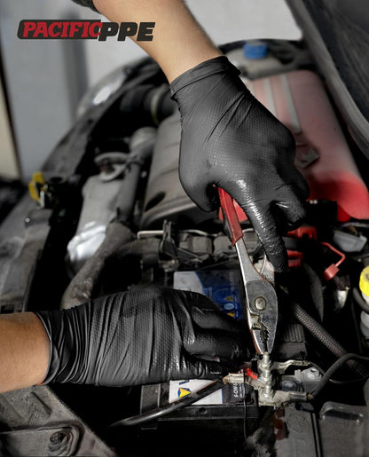 PACIFIC PPE 8 Mil Heavy Duty Black Nitrile Gloves, Food Safe, Latex Free, Mechanic, Fully-Diamond Textured Grip Industrial Disposable Gloves, Large
