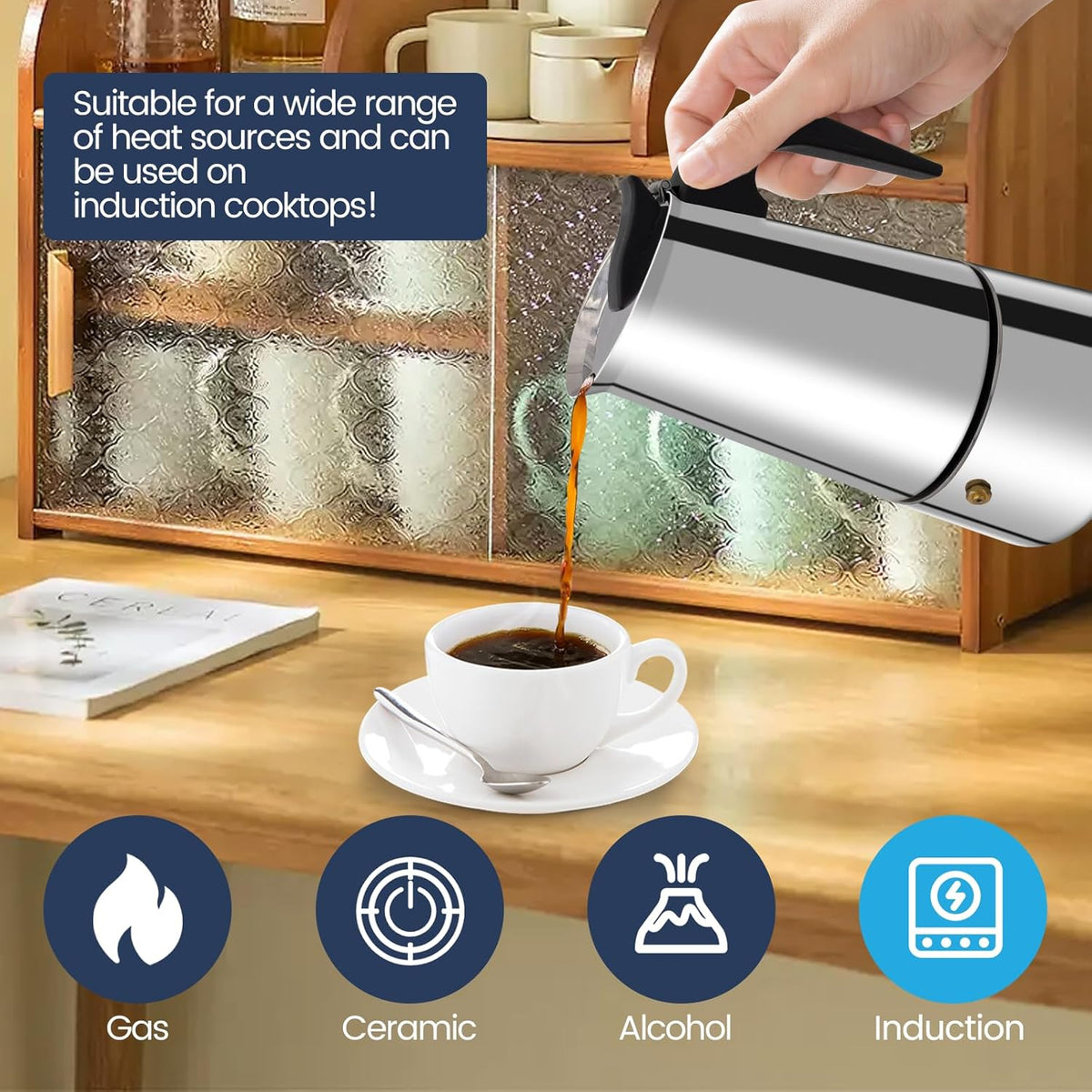 9 Cup Moka Pot Stainless Steel 450ml Italian Espresso Coffee Maker Stovetop Coffee Makers Mocha Pot Percolator Greca Coffee Maker for Induction Stove