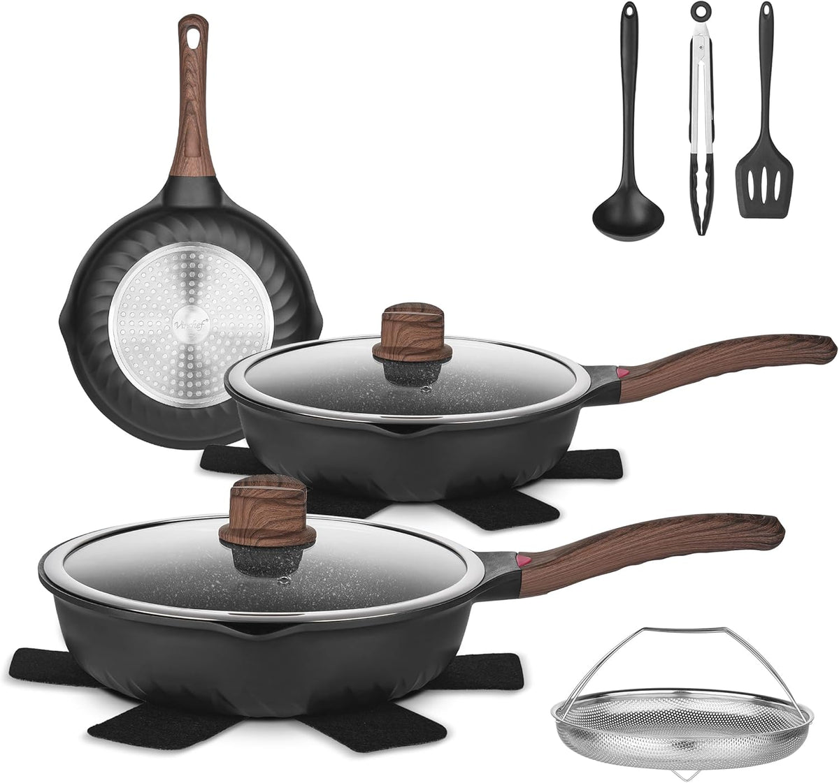 Vinchef Pots and Pans Set, 12pcs Nonstick Induction Kitchen Cookware Sets with Stay-Cool Handles, Frying Pans and Saute Pan with Lid, Silicone Cooking Utensil Sets and Pot Protectors, PFAS, PFOA Free