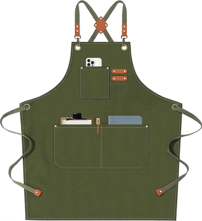 Afun Chef Aprons for Men Women with Large Pockets, Cotton Canvas Cross Back Heavy Duty Adjustable Work Apron, Size M to XXL (Armygreen)