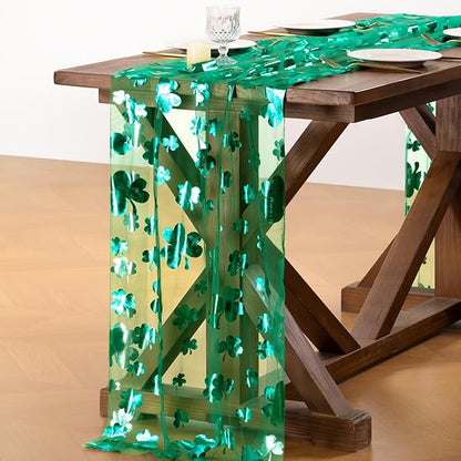 Socomi Green Lucky Shamrock St. Patrick's Day Table Runner Gauze Seasonal Spring Holiday Dining Table Decoration for Home Party Decor 1pc