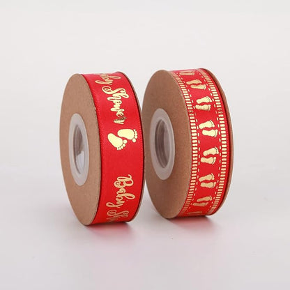 Meseey 20 Yards Baby Ribbon Foot Print Red and Gold Ribbons for Crafts Cake Baby Shower Birthday,Gift Wrapping, Party Decoration (red)
