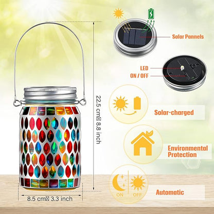 3 Pieces Solar Powered Mosaic Lights, Outdoor Hanging Solar Lantern Lamp Waterproof Table Lamp Mosaic Night Light for Tree, Garden, Patio, Party, Yard, Outdoor, Indoor Decorations (Red)