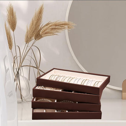 LANDICI Stackable Jewelry Organizer Trays 4 Set,PU Leather Jewelry Organizer Drawer,Jewelry Storage Display Tray for Earring Necklace Rings Bracelet with Removable Dividers,Coffee