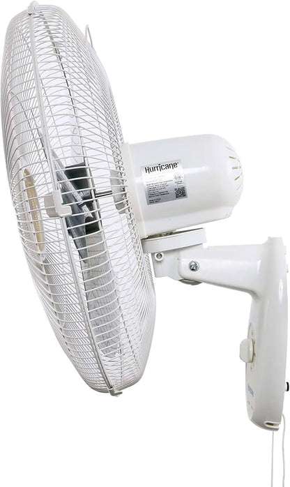Hurricane 18" Supreme 90-Degree Oscillating Wall Mounted Fan with 3 Quiet Speeds, White - Indoor Air Cooling Unit with Adjustable Tilt and Pull Cords for Bedroom, Garage, Office, and Home
