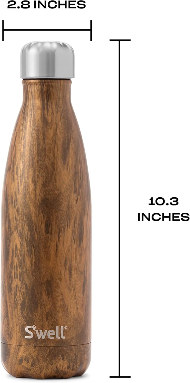 S'well Stainless Steel Water Bottle, 17oz, Teakwood, Triple Layered Vacuum Insulated Containers Keeps Drinks Cold for 36 Hours and Hot for 18, BPA Free, Perfect for On the Go