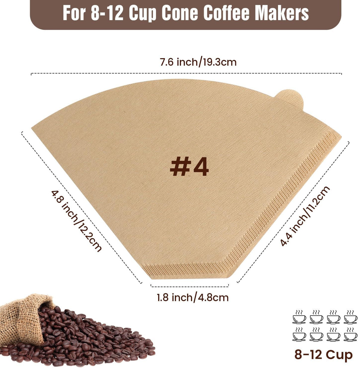 Coffee Filters, Size 04 Unbleached Cone Filters 8-12 Cup, 200 Count Disposable Natural Paper Filters