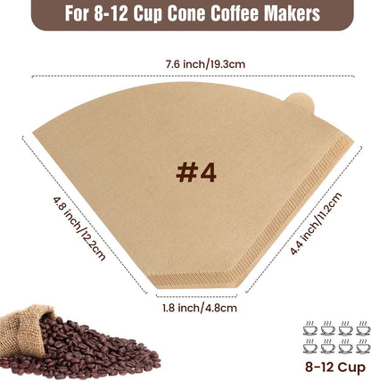 Coffee Filters, Size 04 Unbleached Cone Filters 8-12 Cup, 200 Count Disposable Natural Paper Filters