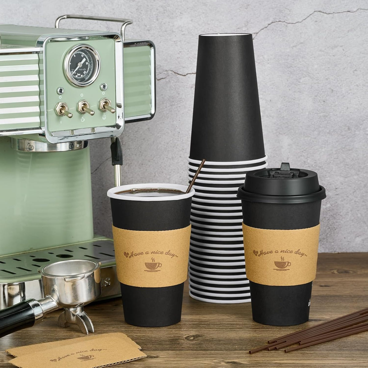 Litopak 100 Pack 16 oz Paper Coffee Cups with Lids, Black Disposable Coffee Cups with Lids, Sleeves and Stirring Sticks, for Parties, Picnic, Travel