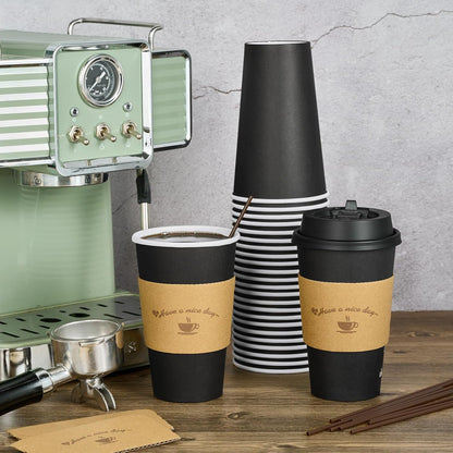 Litopak 100 Pack 16 oz Paper Coffee Cups with Lids, Black Disposable Coffee Cups with Lids, Sleeves and Stirring Sticks, for Parties, Picnic, Travel