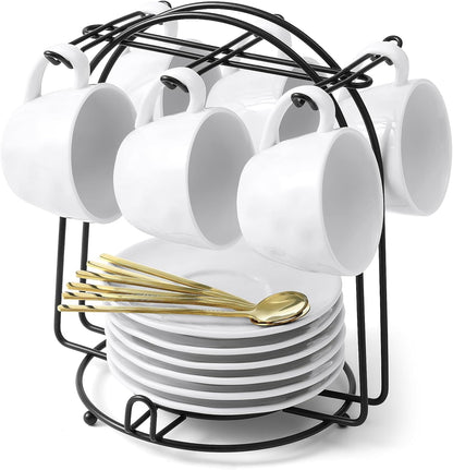 Yedio 4 oz Espresso Cups with Saucers and Metal Stand, Spoons, Porcelain Stackable Coffee Cups, Demitasse Cups, Perfect for Single or Double Espresso