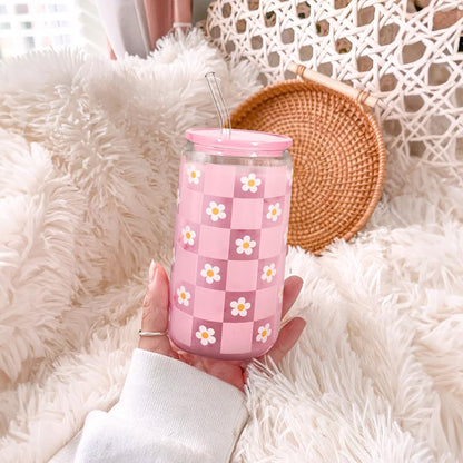 SANDJEST Checkerboard Daisies Glass Can, Floral Checker Cup with Lid &amp; Straw, Iced Coffee Aesthetic Cups, Gift for Christmas Birthday Mother Day, Gifts for Women, 16oz