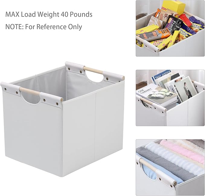 HOONEX Large Collapsible Storage Bins, Linen Fabric, Pack of 2, Storage Baskets with Wooden Carry Handles and Sturdy Heavy Cardboard, for Home, Office, Car, Nursery, White