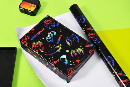 Titiweet Gaming Birthday Wrapping Paper for Boys Girls, 17 Inches x 33 Feet Black with Vibrant Game Controller, Skateboard & Cap Design Wrapping Paper for Game Lover