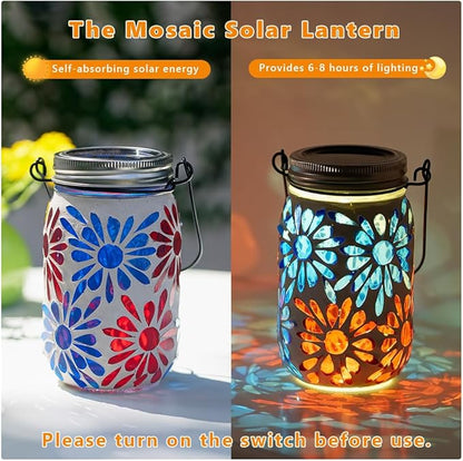 Starsoul 4 Pack Solar Lanterns Outdoor Waterproof, Mosaic Flowers Glass Solar Hanging Outdoor Lights, Decorative Solar Lantern for Outside Pathway Patio Porch Yard Decor