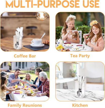 6 Pcs Mini Coffee Spoons with Holder 4.7 inch Demitasse Espresso Stainless Steel Spoons Silver with Acrylic Cylinder Holder for Coffee Bar Home Tea
