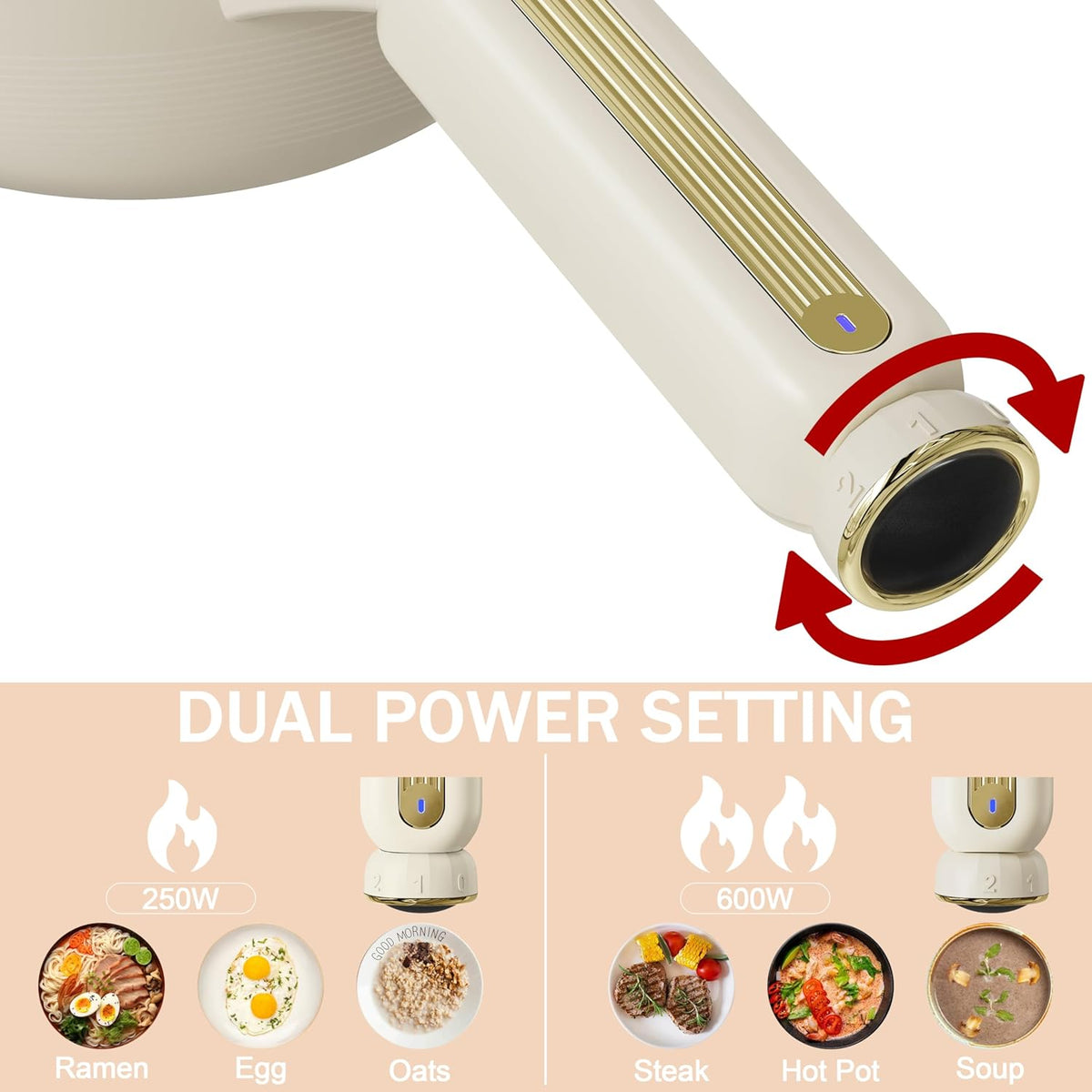 TOPWIT Hot Pot Electric with Steamer, 2L Multifunctional Electric Pot, Non-Stick Sauté Pan, Portable Pot for Steak, Fried Rice, Ramen, Soup with Dual Power Control (Silicone Spatula Included), Beige