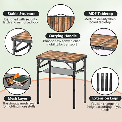 YihuiKo Folding Picnic Table with Storage Net, 3 Adjustable Heights Aluminum Small Folding Table, Lightweight, Portable Carrying Handle, for Camping Travel Outdoor