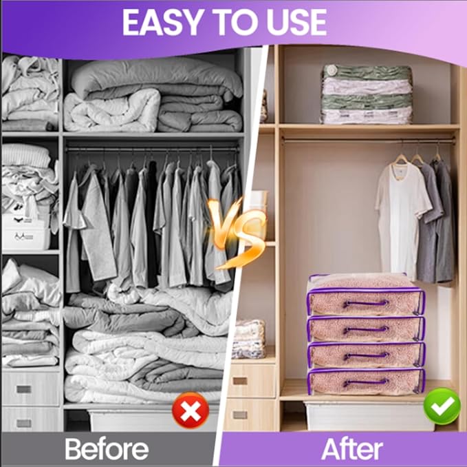 6 Pcs Storage Organizer Bags for Clothes, Clear Zippered Storage Bags for Sweater Blanket Bed Sheet Storage, Plastic Storage Bags with Zipper for Closet Linen Sweater Blanket (Purple)
