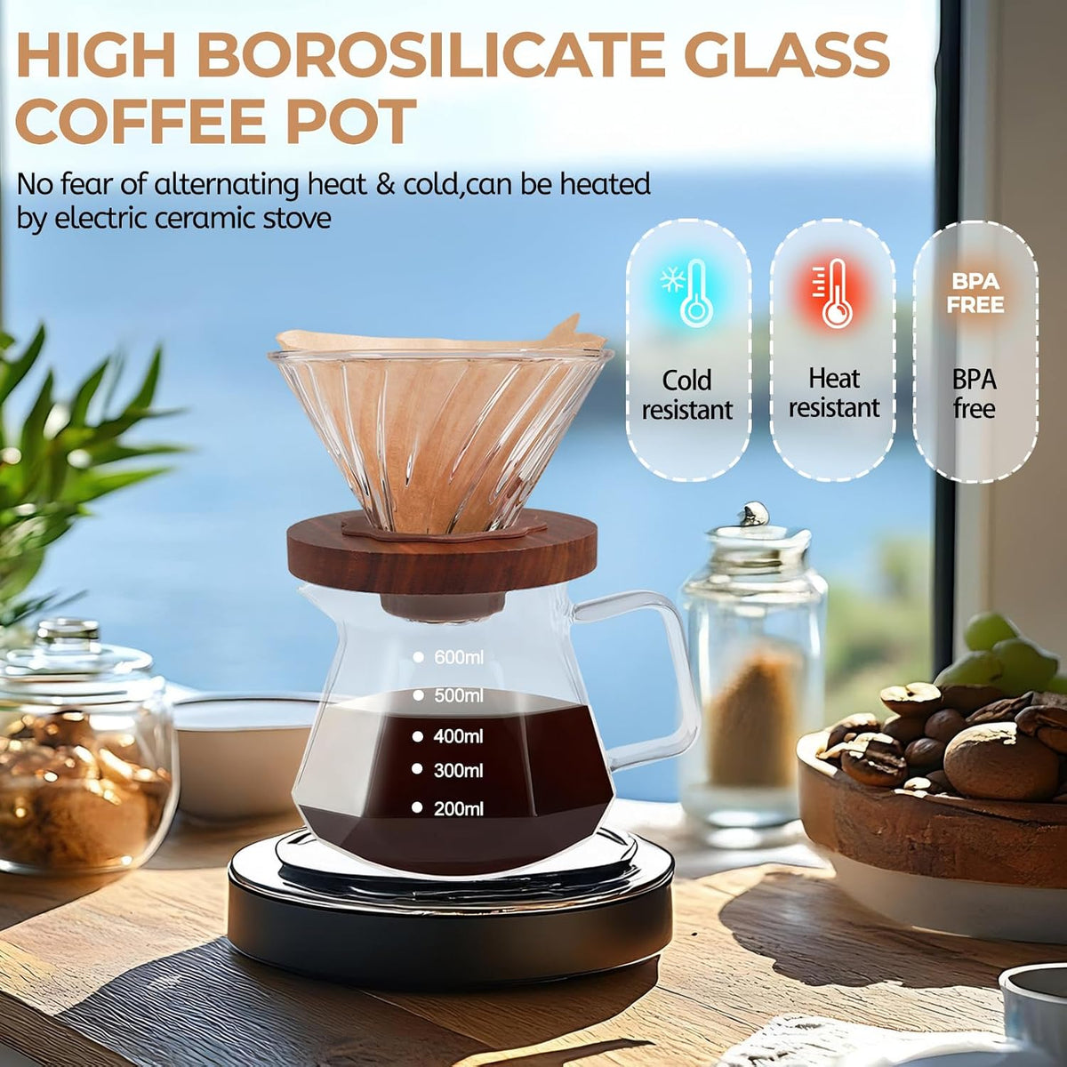 Pour Over Coffee Maker 600ml Borosilicate Glass Drip