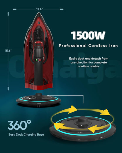 Cordless Iron for Clothes - 1500W Steam Iron with Non-Stick Ceramic Soleplate, Rapid Heating, Auto Shut Off, Burst of Steam, Self-Clean, Anti-Drip, Anti-Calc, 3 Temperature Settings, Red