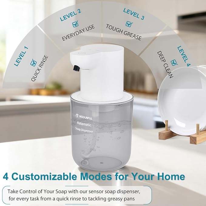 Automatic Soap Dispenser for Kitchen Sink - Wall-Mount & Countertop: 4-Level Adjustable, 13.5oz Clear Plastic IPX5 Rechargeable, Suitable for Kitchen Sink & Bathroom (White)