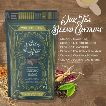 Writer's Tea Writer's (Un) Block - Focus Tea - Black Tea, Eleuthero Root, Flavoring, Roasted Yerba Mate, Guarana Powder, and Schisandra Tea Blend