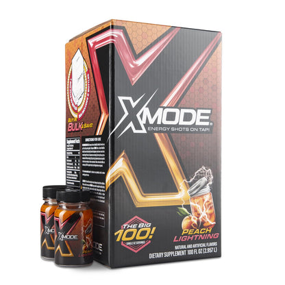 XMODE Energy Shots on Tap Dispenser – 100 (1oz) Servings with 2 Refillable Bottles, Peach Lightning Flavor, Extra Strength with 150mg Caffeine/oz, B12 and Sugar Free